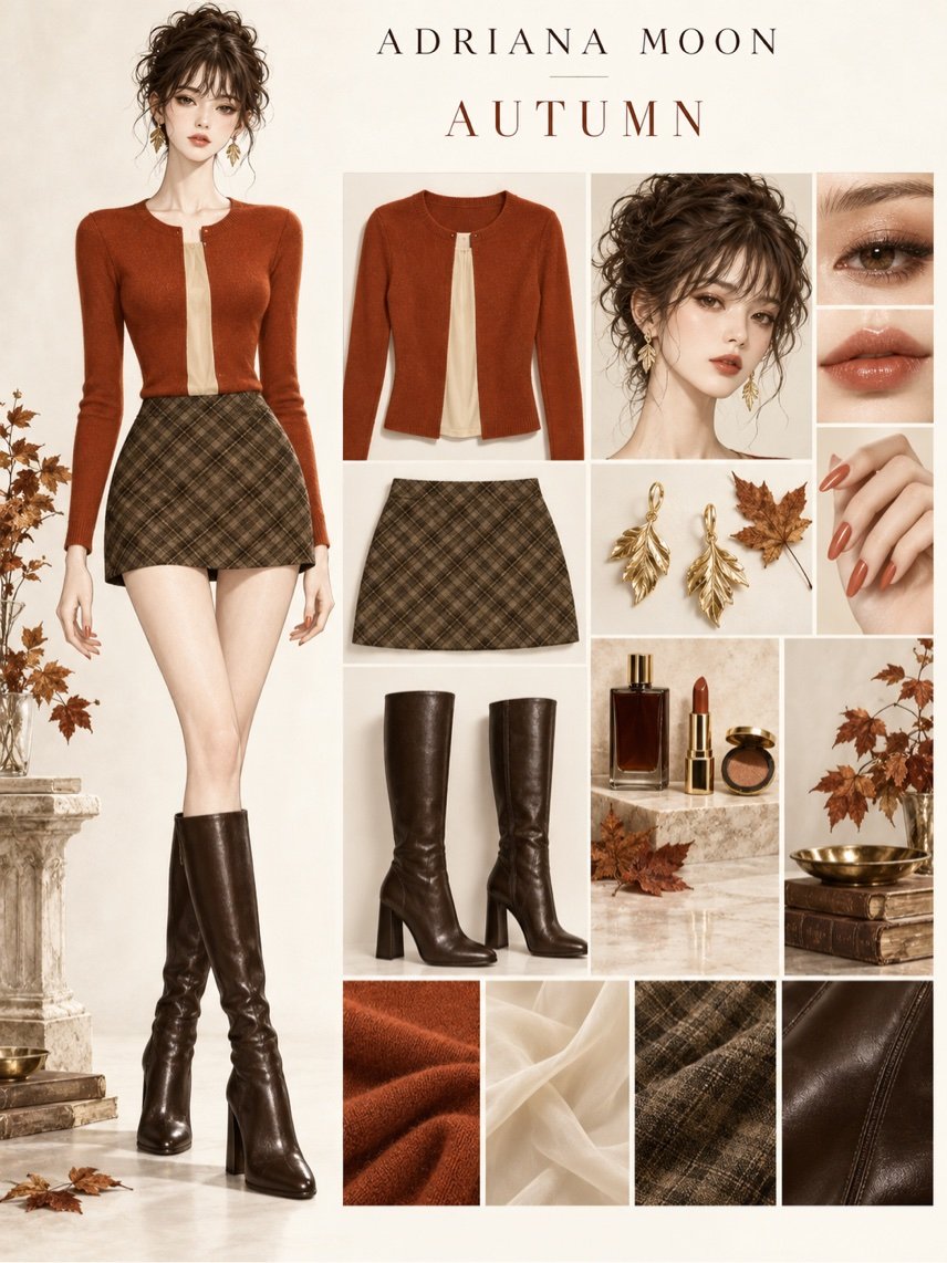 Autumn outfit with a rust sweater, plaid skirt, tall boots, and accessories
