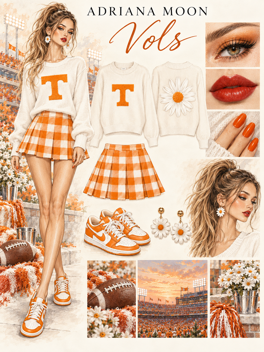 A white and orange checkered skirt with a white sweater featuring a big white daisy on the back and a T on the front in bright orange.