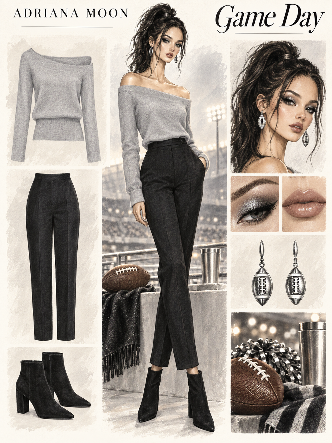 An editorial fashion collage depicting a grey off the shoulder, cashmere sweater over black ankle pants and black suede boots with football earrings