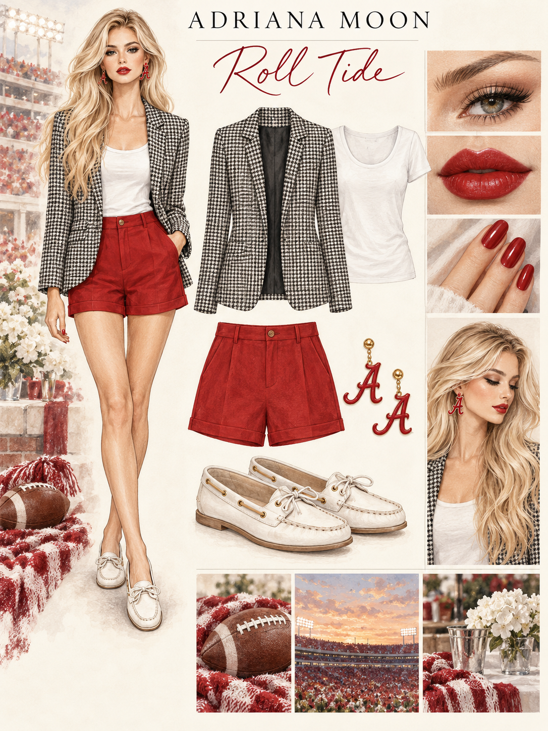 A chic, elegant, comfortable outfit for a Roll Tide fan. Houndstooth jacket, crimson high waist shorts, and ivory boat shoes.
